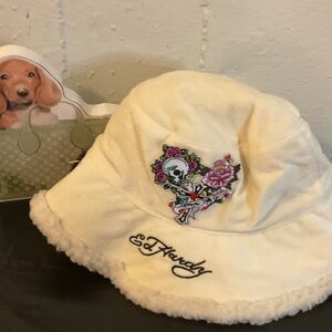 Ed Hardy Cream Bucket Hat with Skull & Floral Embroidery